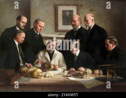 Piltdown Man. Group portrait of the Piltdown skull being examined. Back row (from left): F. O. Barlow, G. Elliot Smith, Charles Dawson, Arthur Smith Woodward. Front row: A. S. Underwood, Arthur Keith, W. P. Pycraft, and Ray Lankester. Painting by John Cooke, 1915. Stock Photo