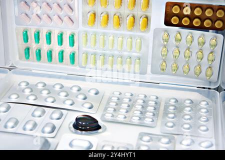 Pills in plastic blister packs in store Stock Photo