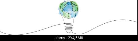 Earth globe inside lightbulb one continuous line drawing. Eco innovation or green energy concept drawn in simple doodle style. Vector illustration wit Stock Vector