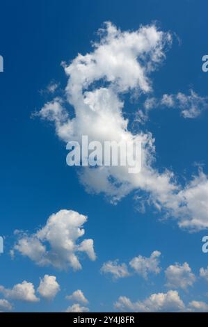 white cumulus clouds ruffled by the strong wind in the blue sky Stock Photo