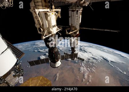 International Space Station, Earth Orbit. 16th Sep, 2024. International Space Station, Earth Orbit. 16 September, 2024. The Russian Roscosmos crew ships, Soyuz MS-26 docked to the Rassvet module (foreground) and the Soyuz MS-25 (background) docked to the Prichal docking module at the International Space Station, September 16, 2024 in Earth Orbit. Credit: Astronaut Provided/NASA/Alamy Live News Stock Photo