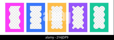 Vector set of rectangle squiggle photo frames with wavy edges. Color wiggly rectangular shapes with curvy borders. Empty text boxes, mirrors or frameworks with scallop line border on white background Stock Vector