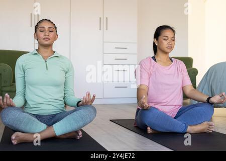 Meditating on yoga mats, two women friends practicing mindfulness at home Stock Photo