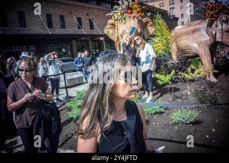 People are awed by the Great Elephant Migration public art installation in the Meatpacking District in New York on Sunday, September 8, 2024. The 100 statues were created by the Coexistence Collective whose mission helps people share space with natures magnificent creatures.The elephants were constructed by Indian indigenous artisans out of the Lantana camara, an invasive plant species. The installation will be on display until October 20. (© Richard B. Levine) Stock Photo