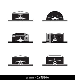 Hangars with airplanes and helicopters in front – vector illustration Stock Vector