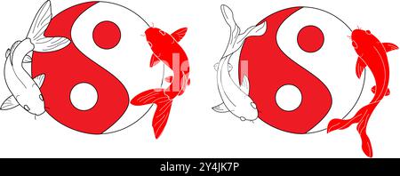 vector illustration of two carp fishes in the circle of yin yang symbol. Stock Vector