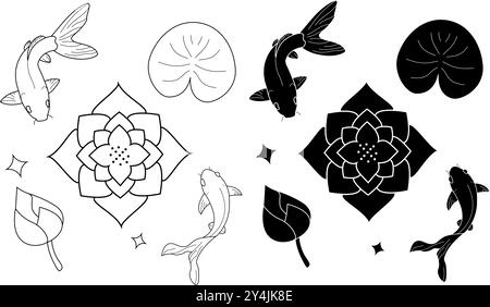 Koi fish with lotus flowers and leafs vector illustration. Japanese oriental colorful carps swimming. Chinese Asian traditional goldfish isolated on w Stock Vector