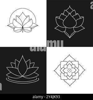 Vector set of logo design templates and emblems in trendy linear style in golden colors on black background - floral and natural cosmetics concepts an Stock Vector