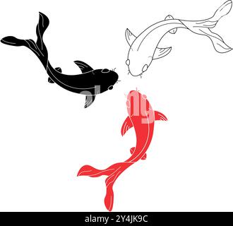 Vector isolated three floating koi karps carps side view colorless black and white contour line easy drawing Stock Vector