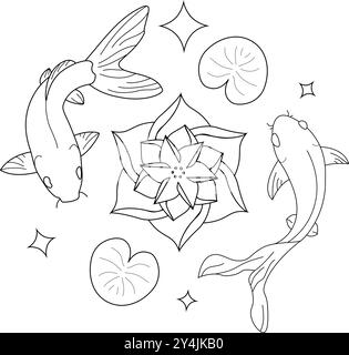 Vector illustration of a carp fish surrounded by lotus flowers in engraving style Stock Vector