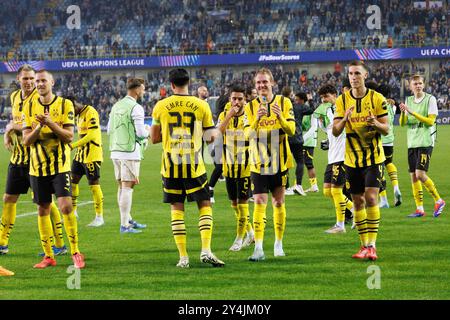 Brugge, Belgium. 18th Sep, 2024. Borussia's players celebrate after winning a soccer game between Belgian Club Brugge KV and German Borussia Dortmund, Wednesday 18 September 2024 in Brugge, on the day one of the UEFA Champions League league phase. BELGA PHOTO KURT DESPLENTER Credit: Belga News Agency/Alamy Live News Stock Photo