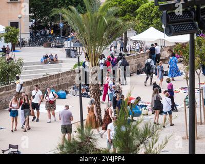 Palma de Mallorca, Spain; September 17th 2024: A bustling urban street with a diverse group of people engaging with outdoor vendors by the Cathedral o Stock Photo