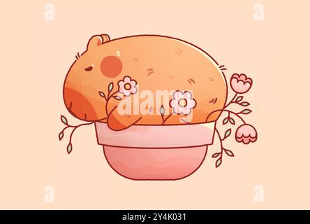 Kawaii cutie capybara sleeping in a flower bed. Stock Vector