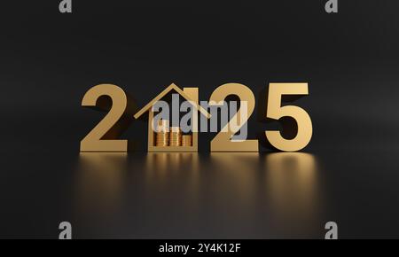 Gold "2025" text with a house icon and stacked coins symbolizing real estate investment, set against a dark background. Stock Photo