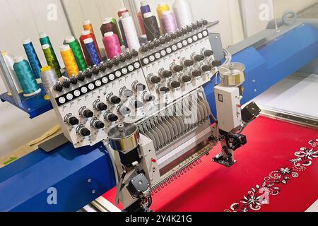 Automatic embroidery machine in the home textile industry. Garment industry Stock Photo