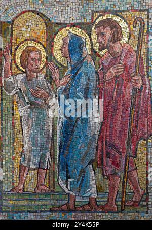 MILAN, ITALY - MARCH 4, 2024: The mosaic of Twelve old Jesus in the Temple in the church Chiesa di Santa Rita da Cascia designed Stock Photo