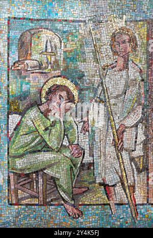 MILAN, ITALY - MARCH 4, 2024: The mosaic of Apparition of angel in dream to St. Joseph  in the church Chiesa di Santa Rita da Cascia Stock Photo