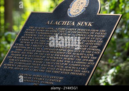 Informational site marker at Alachua Sink along the La Chua Trail at Paynes Prairie Preserve State Park in Gainesville, Florida. (USA) Stock Photo