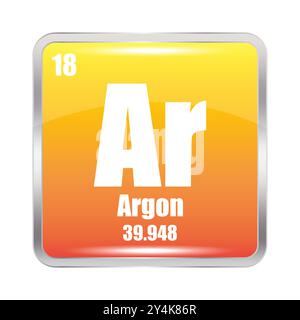 Argon icon. Ar chemical element. Atomic number 18. Mass 39.948. Yellow square image. Vector symbol. Stock Vector