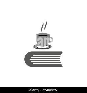 Coffee cup on book icon. Vector reading and relaxation symbol. Minimalist black and gray design. Stock Vector
