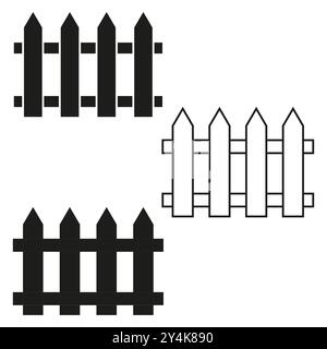 Picket fence icons. Wooden fence symbols. Simple barrier illustrations. Outline and solid styles. Stock Vector