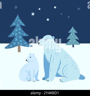 Mama bear and cute baby bear in night winter landscape. with stars and fir trees. Stylized vector illustration for postcards. Stock Vector
