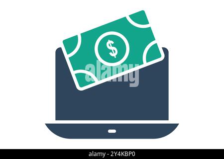 Online payment icon. solid icon style. laptop with money. icon related to bill and payment. business elements vector illustration Stock Vector