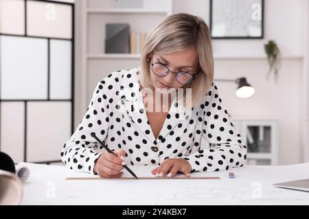 Architect making engineering drawing at table in office Stock Photo