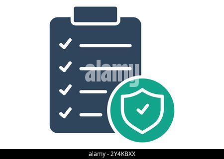 Insurance policy icon. solid icon style. checklist board with shield. icon related to bill and payment. business elements vector illustration Stock Vector