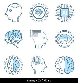 artificial intelligence icon, symbols collection, isolated lined machine AI icon, Artificial intelligence line icons. Set of brain, cybernetic, ai Stock Vector
