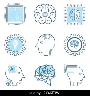artificial intelligence icon, symbols collection, isolated lined machine AI icon, Artificial intelligence line icons. Set of brain, cybernetic, ai Stock Vector