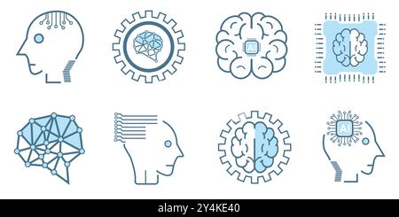 artificial intelligence icon, symbols collection, isolated lined machine AI icon, Artificial intelligence line icons. Set of brain, cybernetic, ai Stock Vector