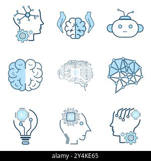 artificial intelligence icon, symbols collection, isolated lined machine AI icon, Artificial intelligence line icons. Set of brain, cybernetic, ai Stock Vector