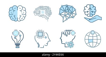 artificial intelligence icon, symbols collection, isolated lined machine AI icon, Artificial intelligence line icons. Set of brain, cybernetic, ai Stock Vector