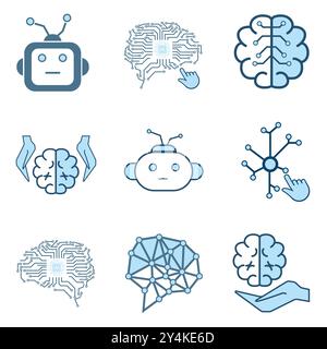 artificial intelligence icon, symbols collection, isolated lined machine AI icon, Artificial intelligence line icons. Set of brain, cybernetic, ai Stock Vector