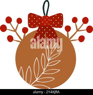This is a charming Christmas ornament that features a lovely red bow, delightful berries, and an elegant leaf design. Hand drawn vector graphics for the design of a websites, articles, booklet, flyer, e-pack, label or advertisement. Stock Vector