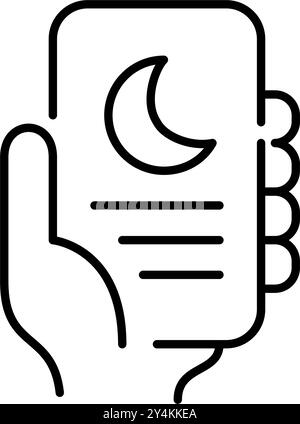Hand holding smartphone with text reader and moon on screen. Dark mode, night theme. Pixel perfect, editable stroke vector icon Stock Vector