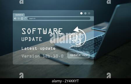 Software update concept. Laptop with virtual software update screen. Business updates program for better performance, security and new features Stock Photo
