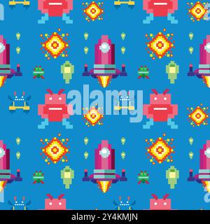 Colorful pixelated space-themed seamless vector illustration Stock Vector