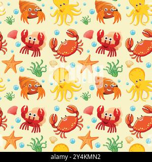 Cute sea creatures in a repeating design Stock Vector