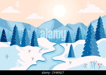 illustration of winter view with mountain in flat design style Stock Vector