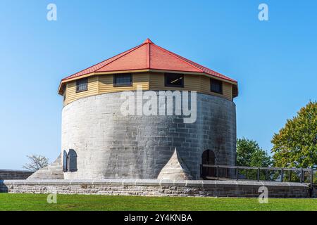 Murney Tower is a Martello Tower located in Kingston Ontario. The tower is one of several fortifications that defended Kingston Harbour, the Naval Doc Stock Photo