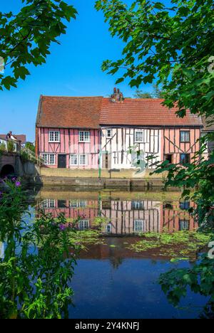 17th Century timber-framed cottages by River Colne, Riverside Walk, Colchester, Essex, England, United Kingdom Stock Photo