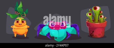 Creepy monster plants set isolated on black background. Vector cartoon illustration of scary carnivorous flowers with eyes and toothy mouths, Halloween horror creatures, fantasy forest predators Stock Vector