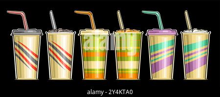 Vector Paper Cup set for Soft Drinks, banner with collection of cut out illustrations of 6 different cold drinks with straw, group of colorful large p Stock Vector