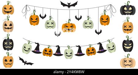 Halloween party decoration garland set with bats, pumpkins, witch hat. Cute Jack O Lantern Evil Pumpkin Garland Set for Halloween. Simple banner Stock Vector