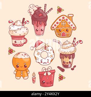 Christmas food and drink set. Cute gingerbread cookies, cup with cream dessert, man and house, donut Santa, gift and chocolate cream milkshake with ca Stock Vector