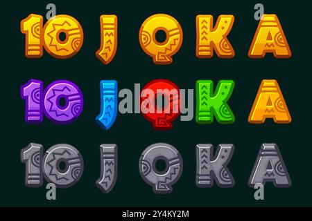 Set of Slot Symbols-Ace, Queen, King, 10, Jack. Maya or Aztec Style. Textured Icons for 2D Games and Casino or Slots. Graphic elements for the Stock Vector