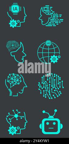 Artificial Intelligence Vector Line Icons Set. Face Recognition, Android, Humanoid Robot, Thinking Machine. Editable Stroke, technology  concepts Stock Vector