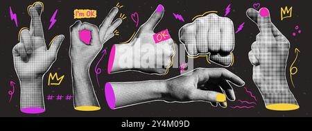 Halftone collage hands with doodle elements. Y2k collage design. Vector elements in pop art style. Stock Vector